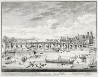 La perspective sud-est du pont de Westminster - Bateaux arrivant au Parlement pour la prestation de serment de Sir John Barnard (1685-1764) en tant que Lord Maire de la ville de Londres, 1747
